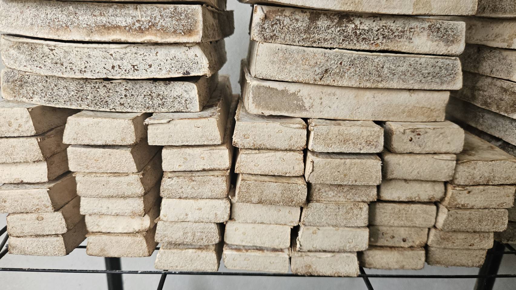 Grown mycelium composite blocks stacked after molding