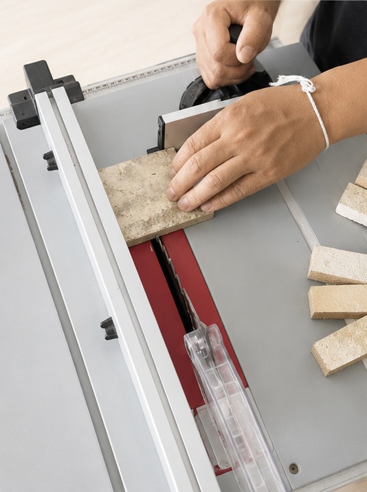 Cutting mycelium composite tiles on a table saw