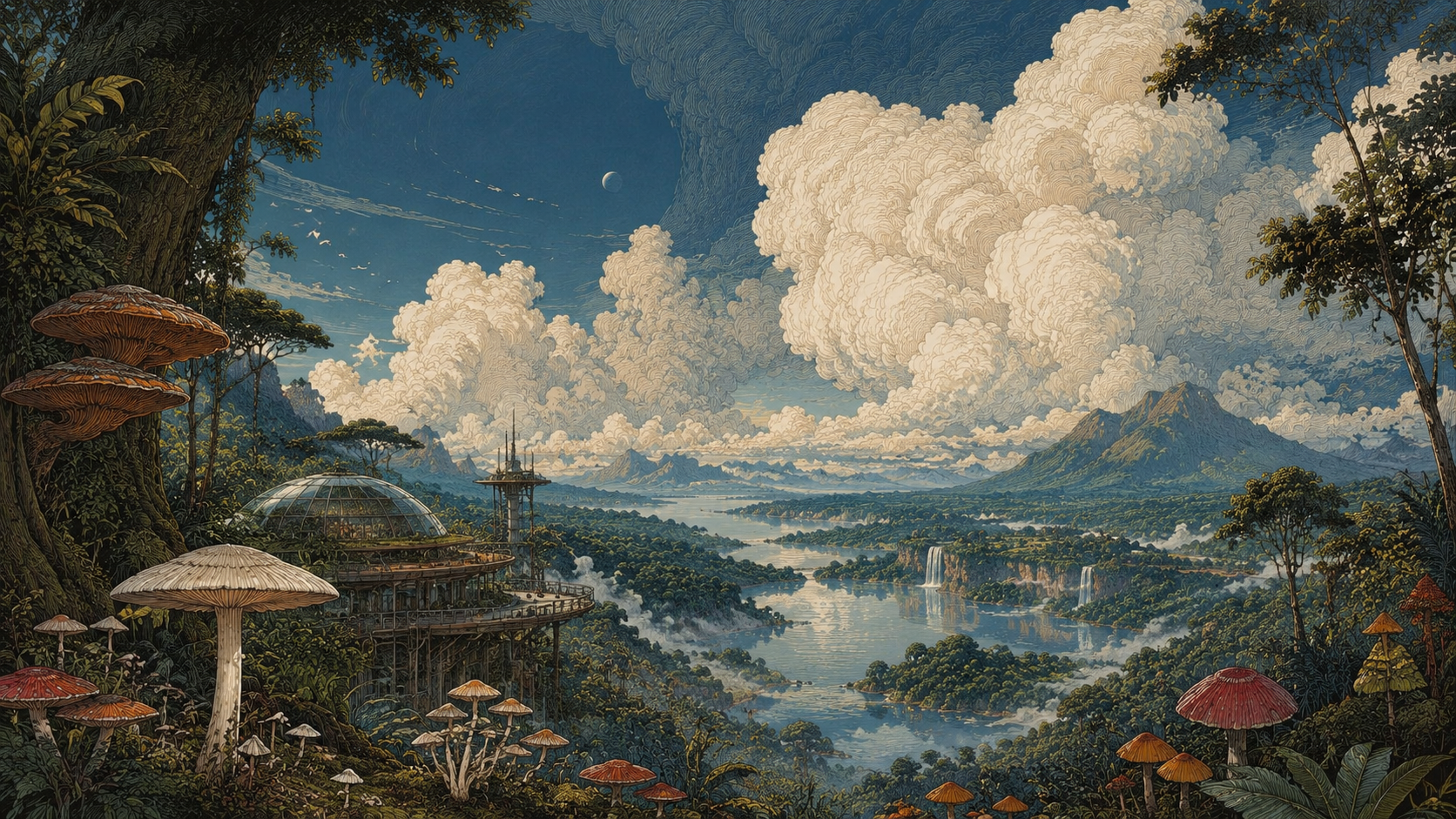 Pixel-art valley landscape with mushrooms, river, and a glass research structure